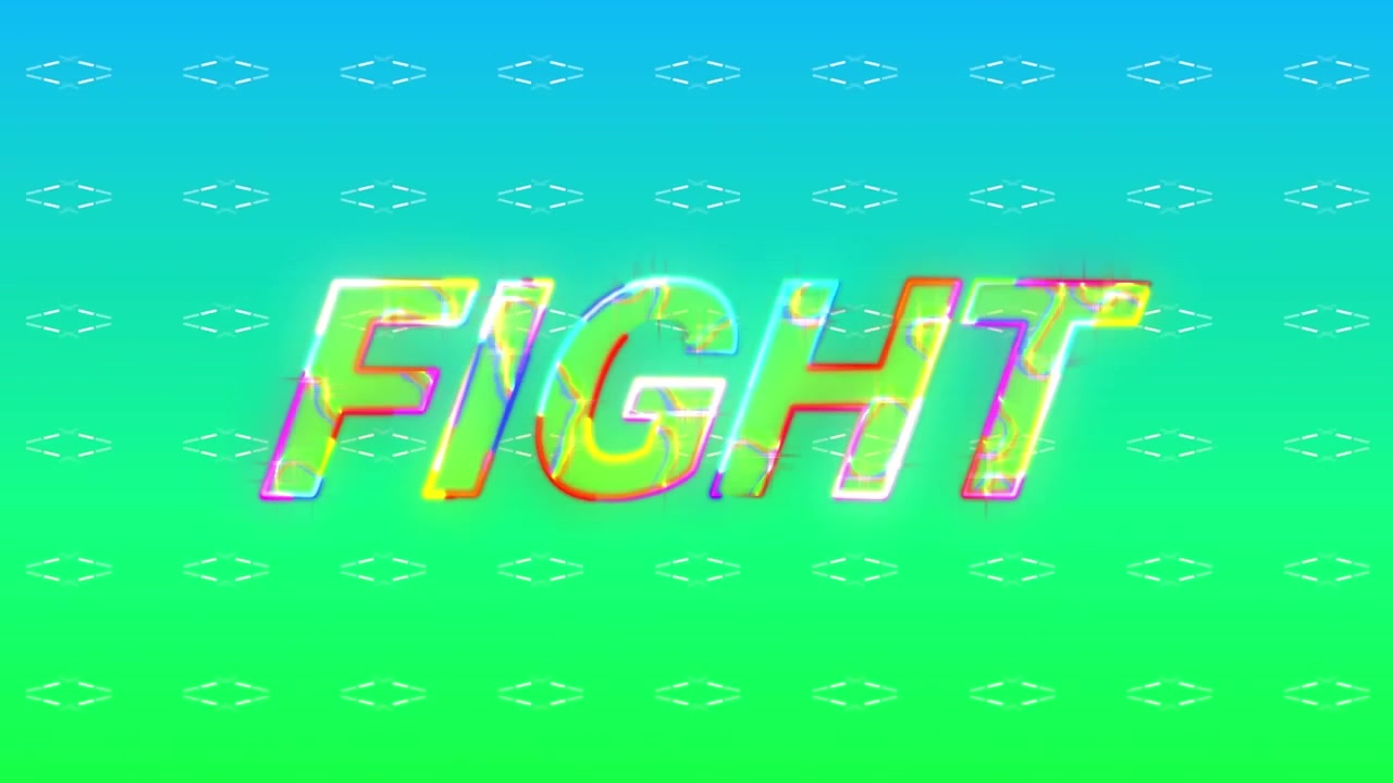 Yeşil ve mavi gradyan arka plana karşı "fight" yazılı metin pankartının üzerinde şimşek efekti animasyonu.