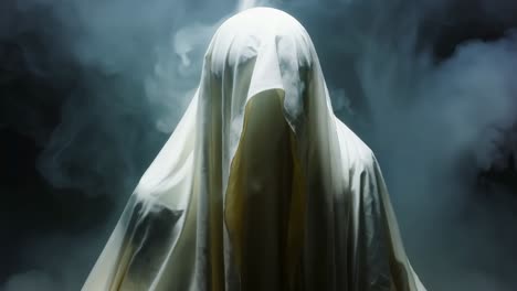 a person in a white robe sitting on a chair in the fog