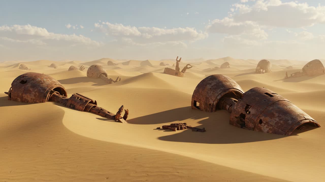 Desolate Remnants of a Forgotten Civilization: Ancient Metal Structures Eroded by Time and Enveloped by Endless Sands in a Barren Desert Landscape