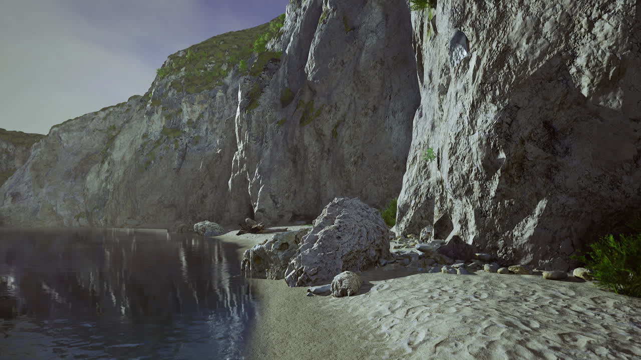 Coastal landscape featuring rocky cliffs and serene water during daylight