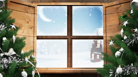 Animation of winter christmas scene with house seen through window