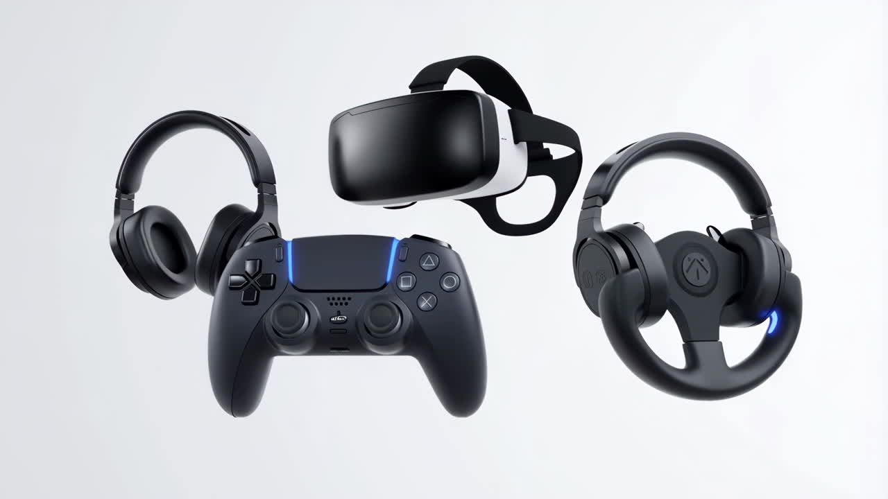 Gaming peripherals featuring VR headset, controller, and audio gear