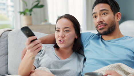 couple, watching tv and television with coffee