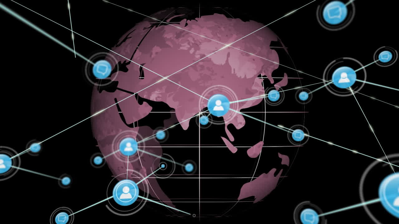 Animation of network of connections with icons and globe on black background