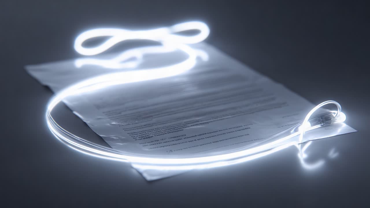 Illuminated Document with Fluid Neon Light Design Across the Page Creating a Modern Aesthetic in the Frame, Highlighting the Interplay of Light and Paper in a Creative Artistic Setting