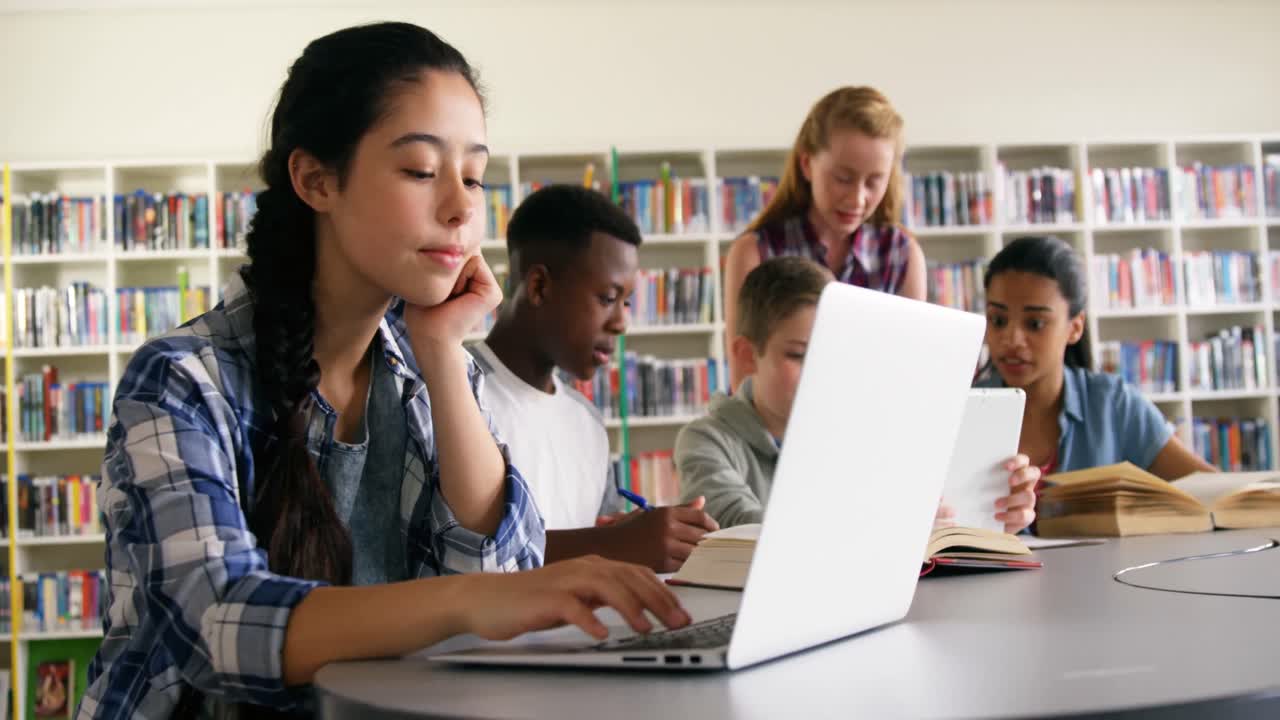 Schoolkids studying in library 4k