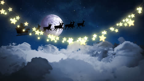 animation of santa sleigh and stars over night sky