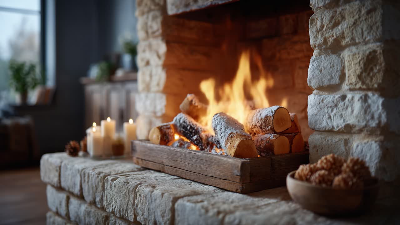 A Cozy Hearth: Captivating Flames of a Stone Fireplace with Candles, Creating a Warm and Inviting Atmosphere for Relaxation and Comfort