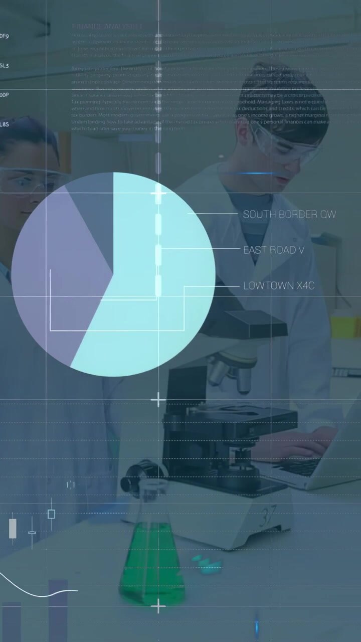 Vertical video: Team peering into microscope using laptop starting charts and dials for lab testing