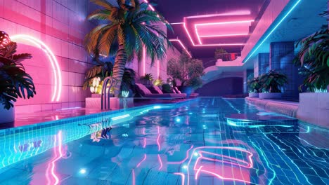 neon pink and blue swimming pool in a tropical nightclub