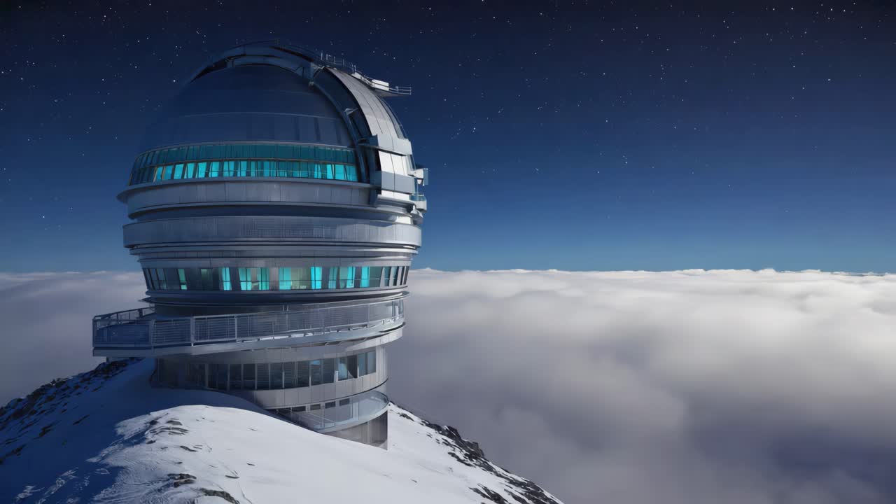 Observatory on a snowy mountain with clouds and stars at night
