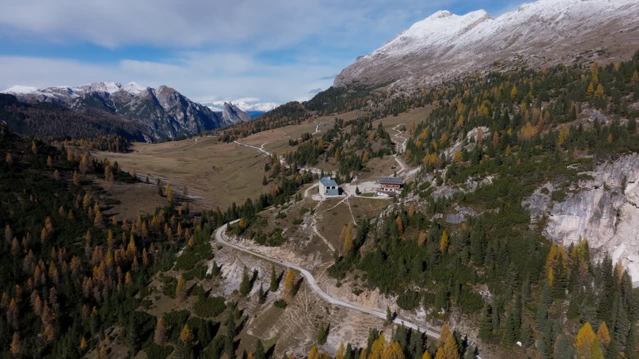 Aerial view of a mountain hut near Platzwiese in the Italian Dolomites