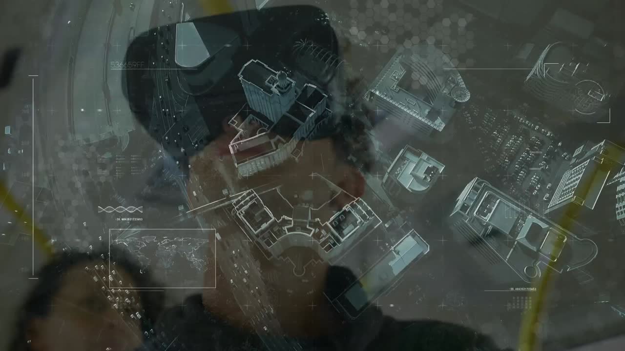 escaneo de alcance contra el hombre utilizando auriculares de realidad virtual y vista aérea de la ciudad