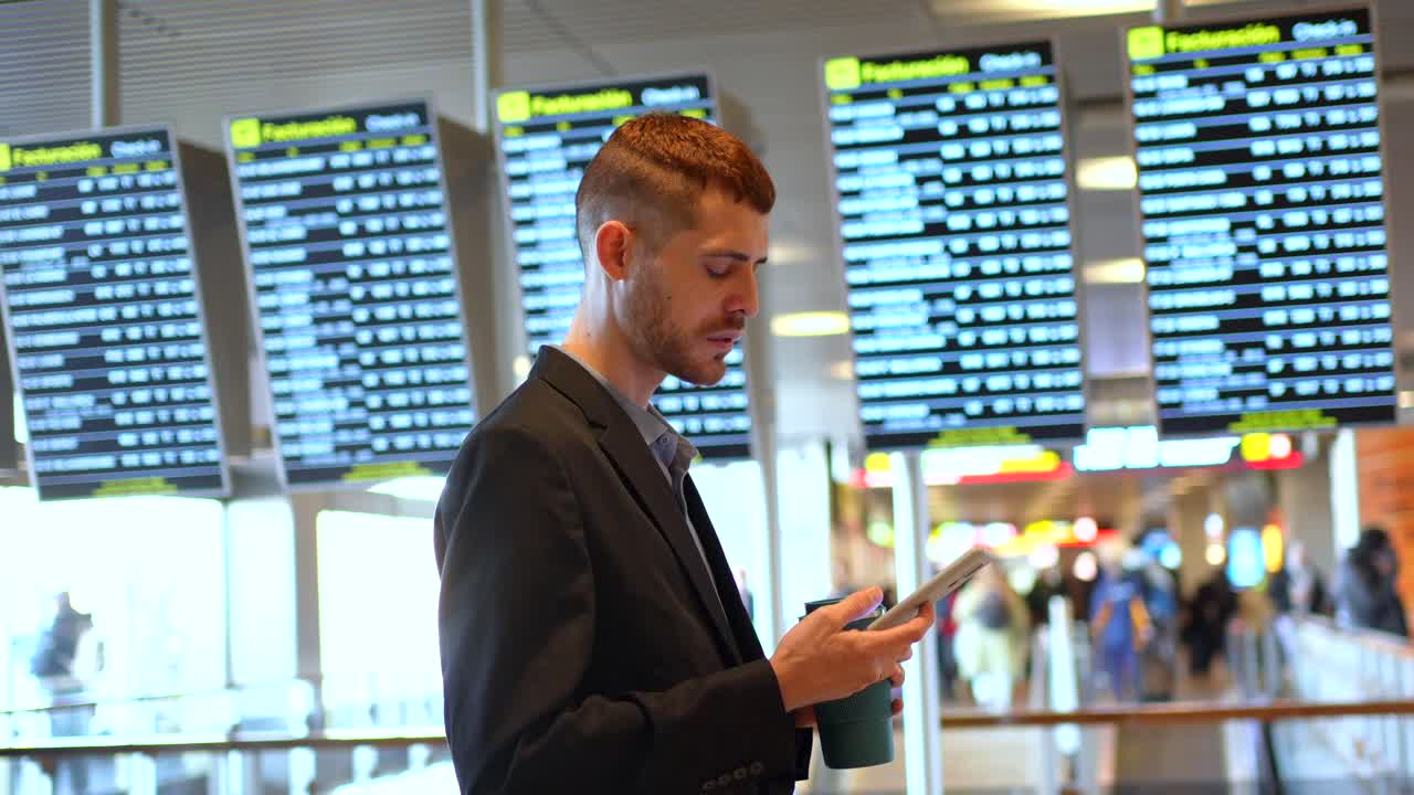 Man on phone in airport with coffee