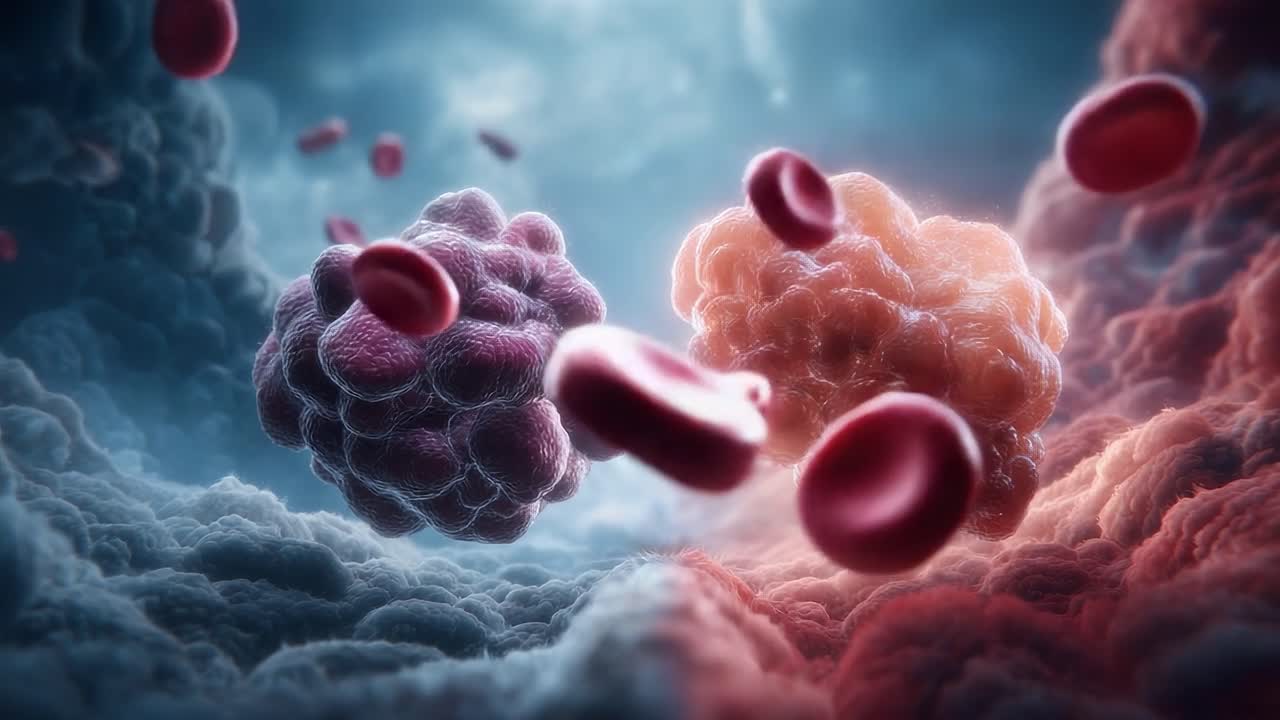 A Dramatic Close-Up of Two Distinctively Colored Cellular Structures Interacting Within a Dynamic Background of Floating Red Blood Cells and Soft Cloud-Like Textures