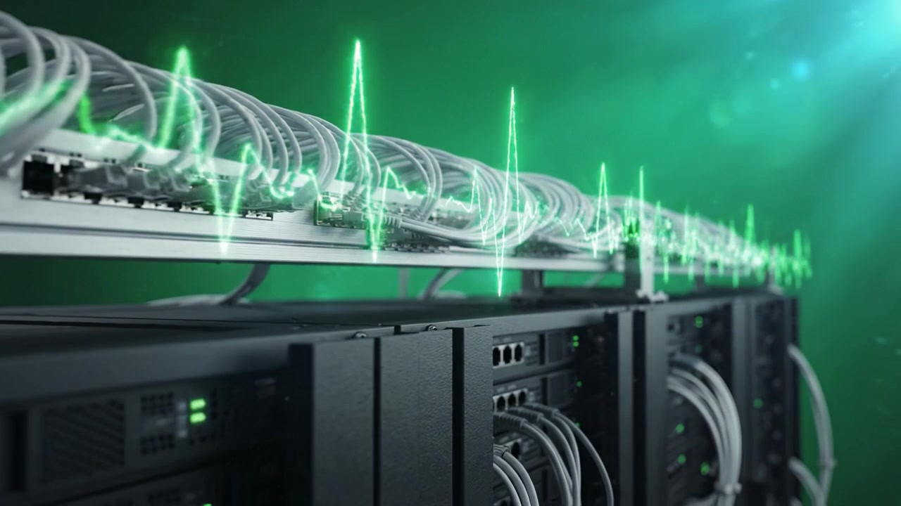 A Close-Up View of Advanced Server Hardware Featuring Cables and Green Light Effects, Illustrating Data Flow and Digital Connectivity in a Modern Datacenter