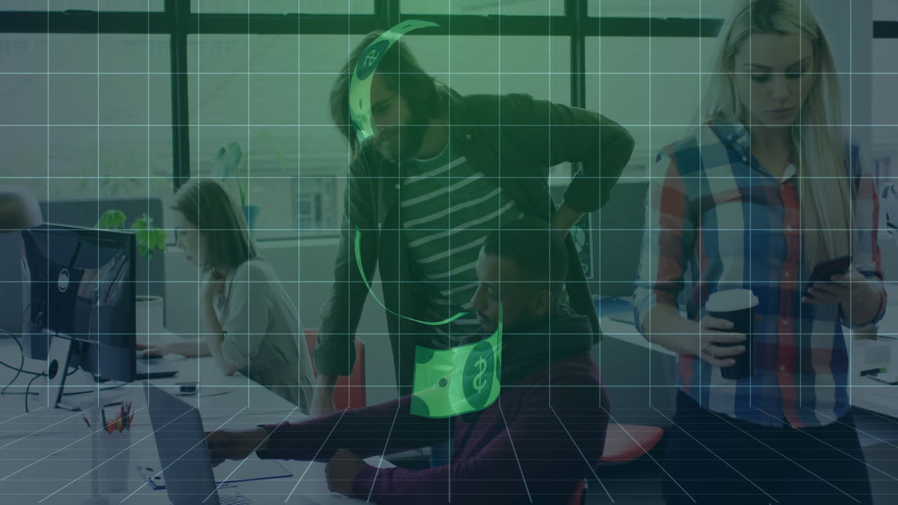 Animation of financial data processing over diverse business people in office