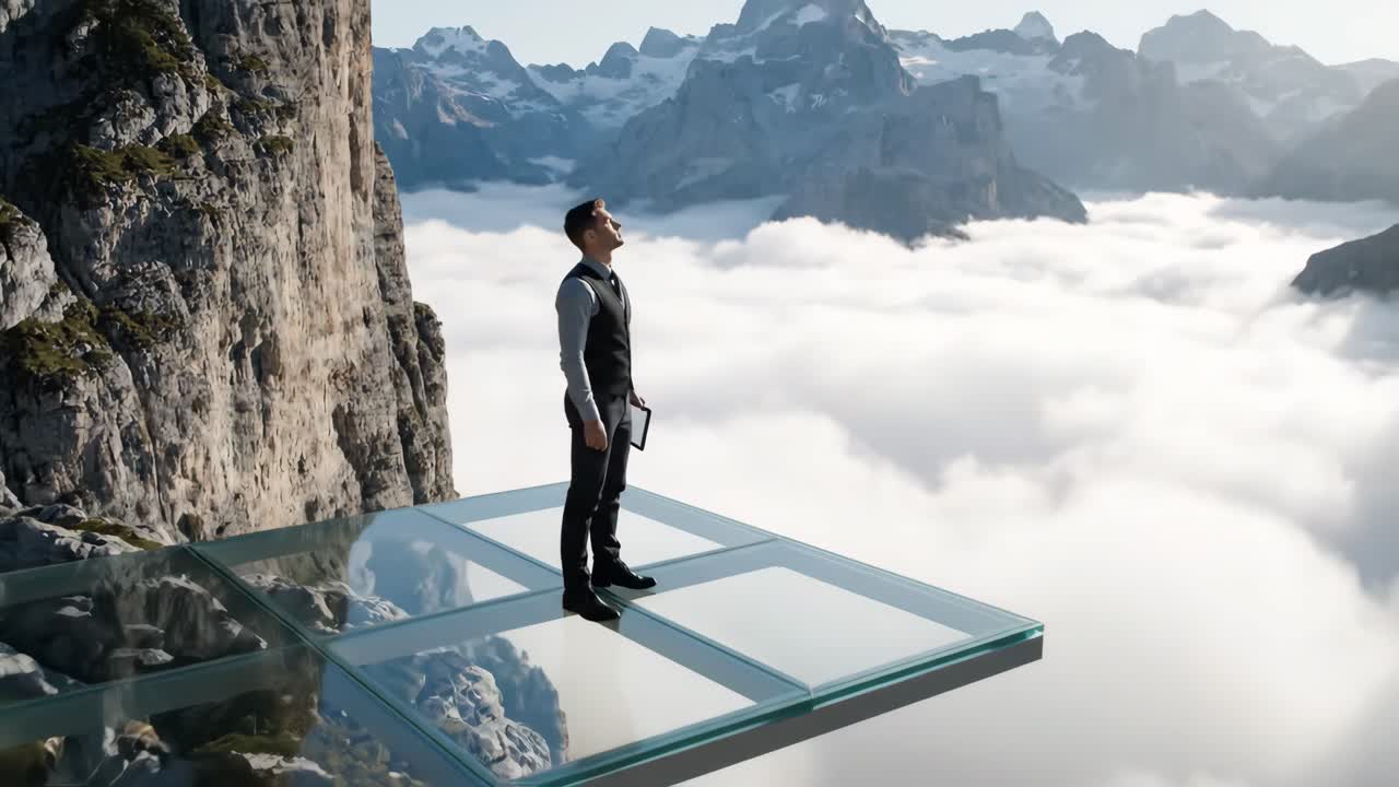 Man on Glass Skywalk in the Mountains