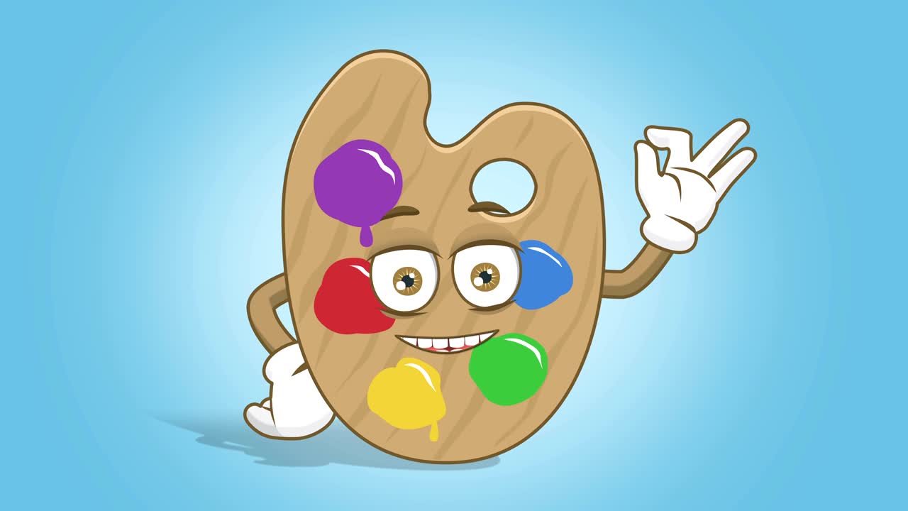 artista de dibujos animados paleta de colores ok gesto de la mano con animación de la cara alfa mate
