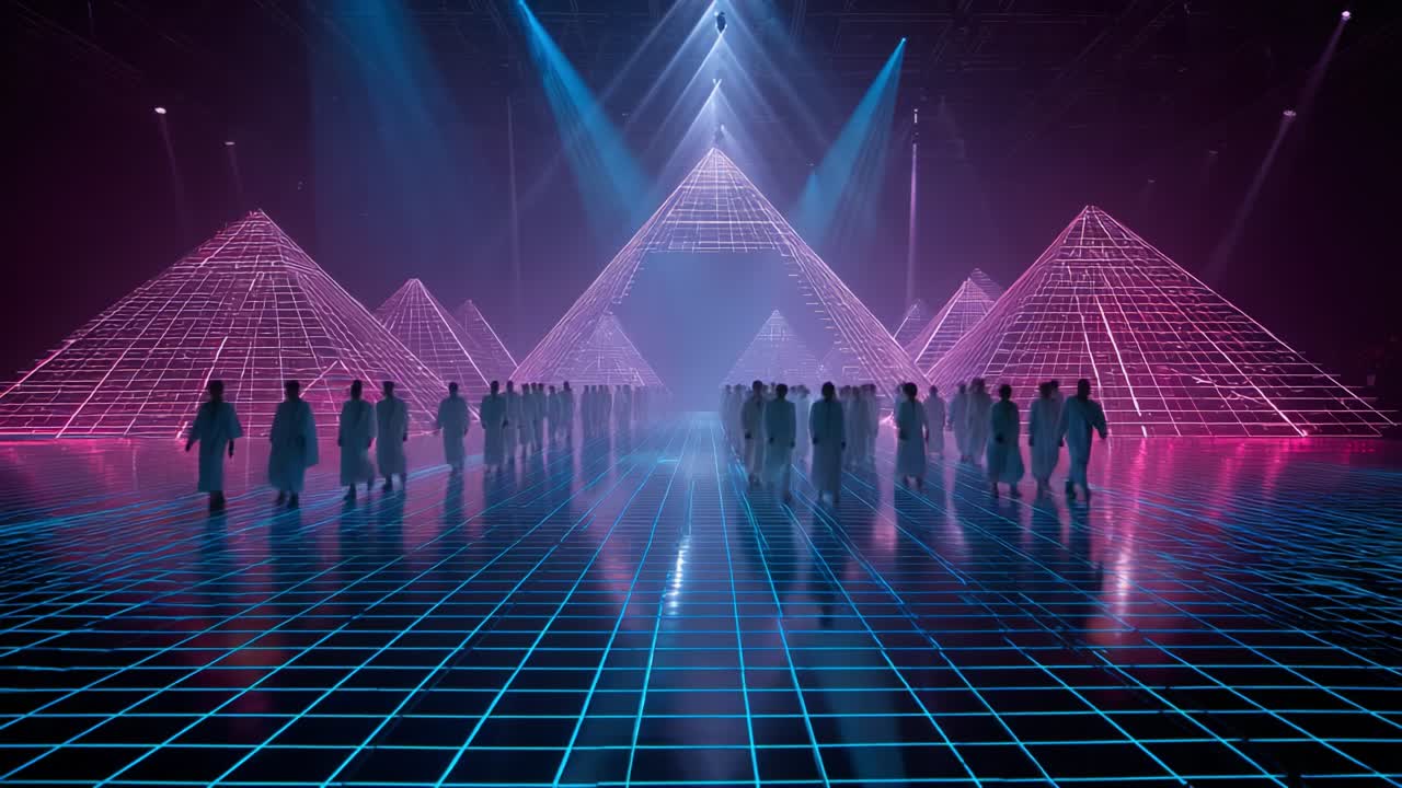 Futuristic Gathering Amidst Neon-Pyramid Structures: A Mesmerizing Scene Featuring a Crowd of Participants Walking Through an Illumination of Geometric Forms and Vibrant Lights, Creating an Enigmatic Atmosphere