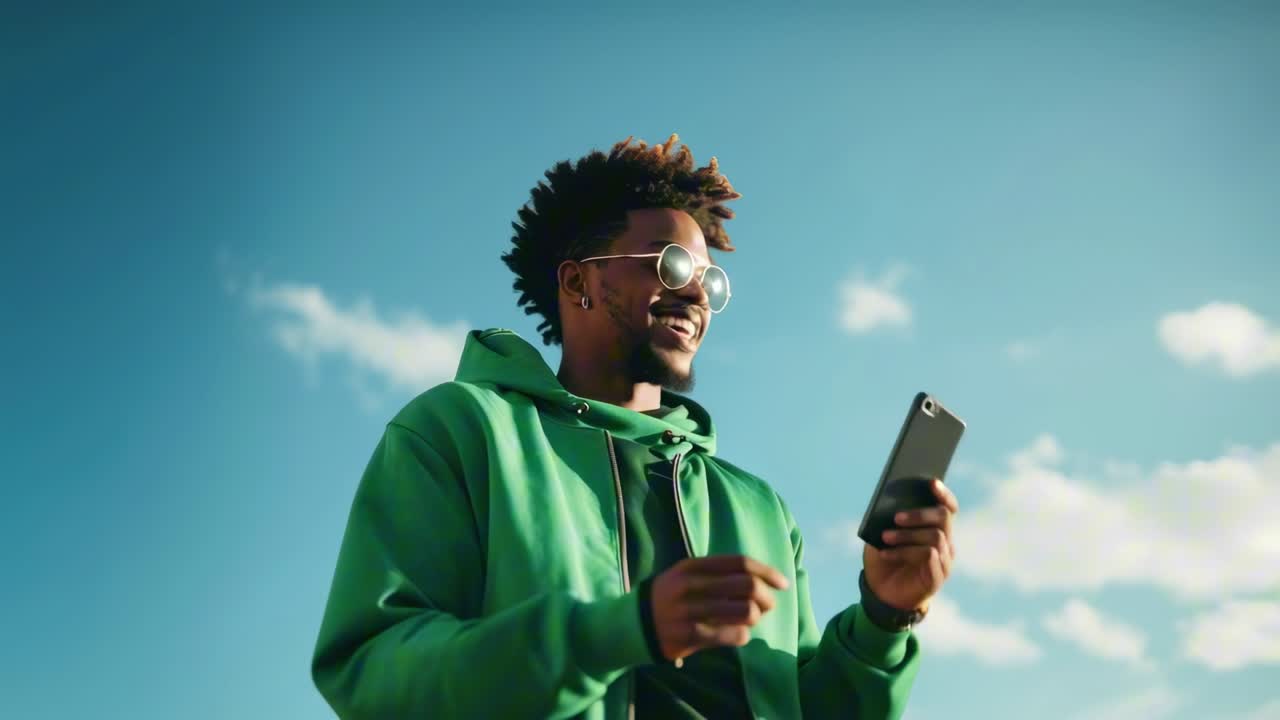 Videoopptak i lav vinkel av en glad person i en grønn hettegenser som holder en telefon, mot en lys bakgrunn