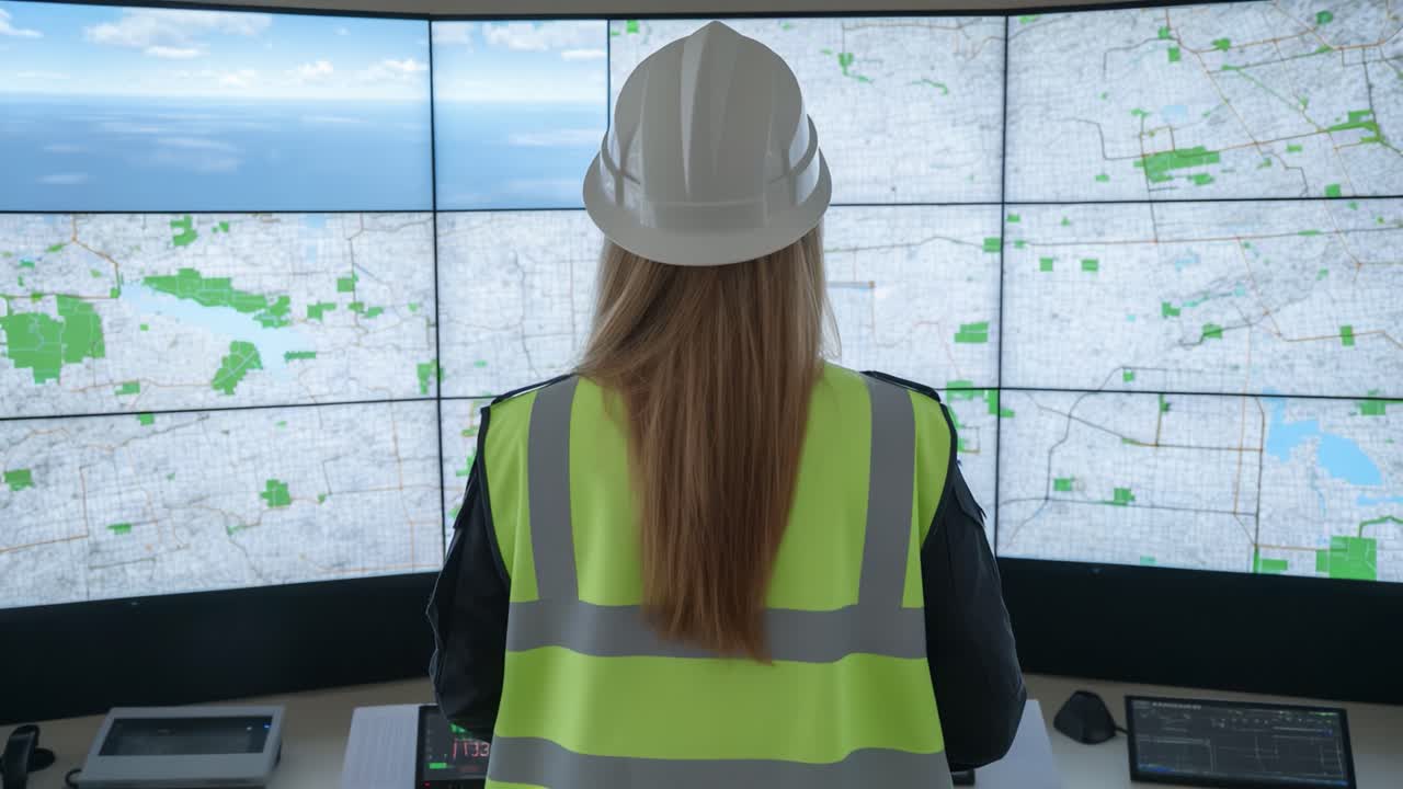 Monitoring Systems: A Professional in Safety Gear Analyzing Complex Data on Multiple Screens in a High-Tech Control Room Environment
