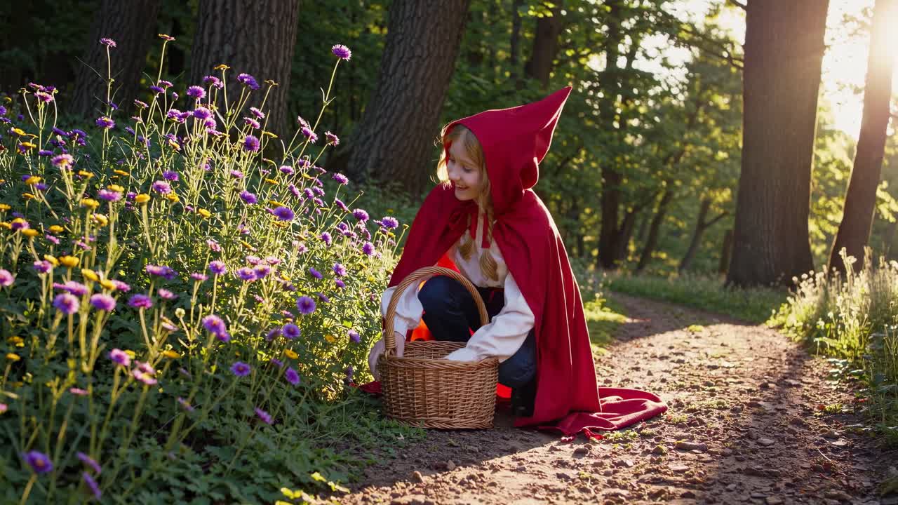 A whimsical video scene of a child in a red cloak walking through a sunlit forest