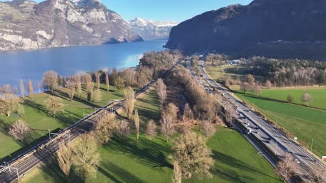 Aerial-View-of-Walensee-with-Traffic-Trails,-Switzerland