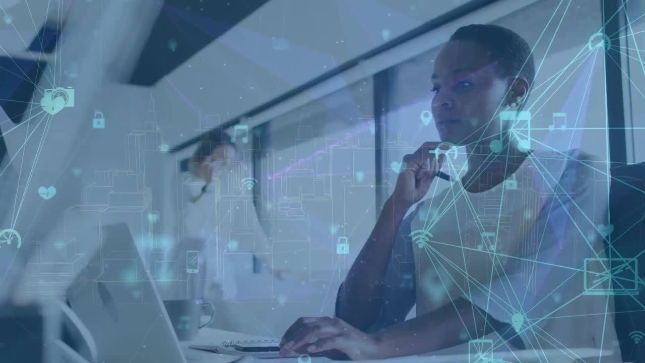 Animation of data processing over diverse business people in office