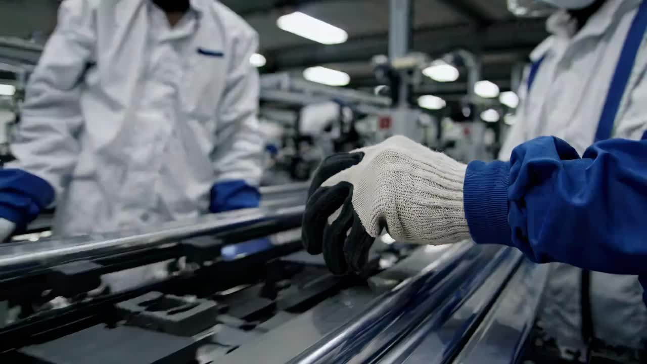 Factory worker inspecting metal parts on an assembly line