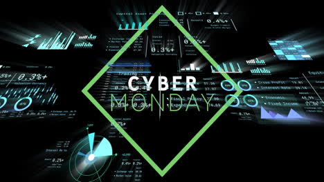 Animation of Cyber Monday text with digital data graphics on black background