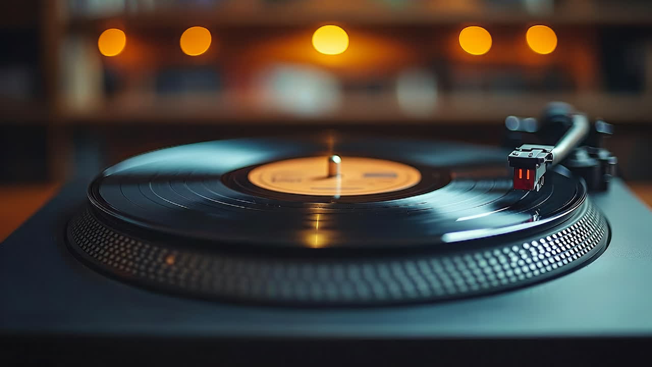 Schallplattenspieler mit rotierender Platte. Ein Plattenspieler steht auf einem Tisch, auf dem sich eine Vinyl dreht. Im Hintergrund leuchten sanfte Lichter, die eine warme Atmosphäre schaffen.