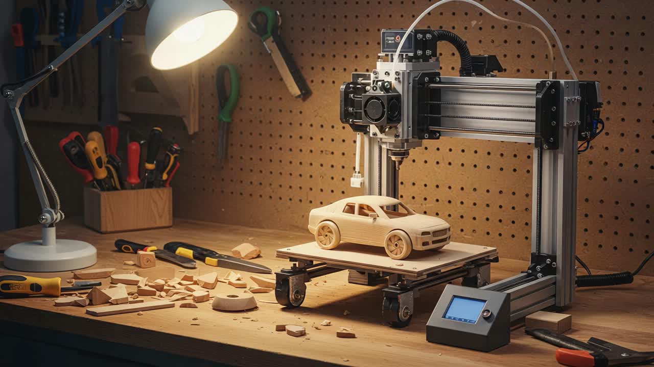 Innovative 3D Printing Workshop Scene Showcasing a Wooden Toy Car in Progress, Highlighting Tools, Lighting, and Craftsmanship in a Creative Environment