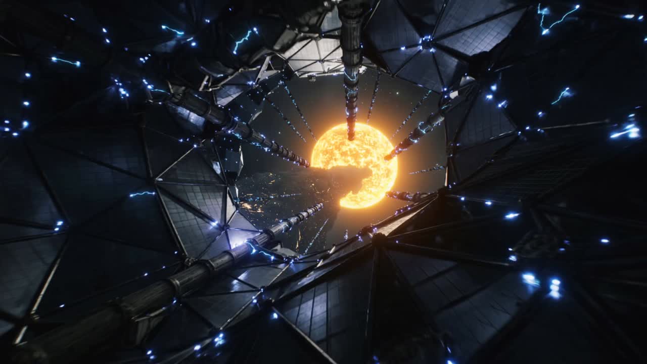 Igniting central orange core and radial rods in shaft blue lights starting arcs to power system