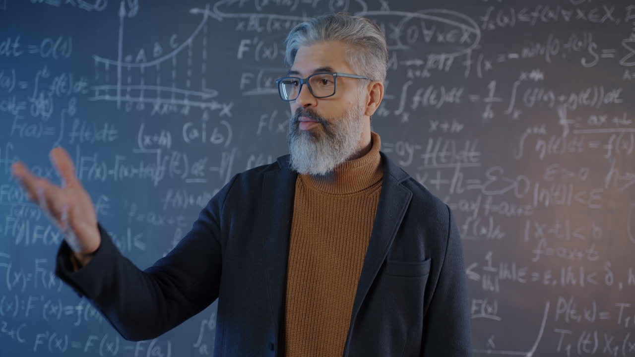 Teacher explaining math concepts on a chalkboard