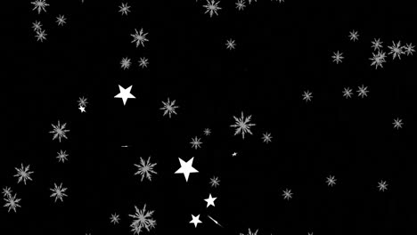 digital animation of multiple stars and snowflakes icons floating against red background