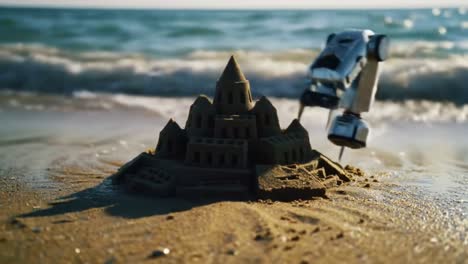 a robotic arm skillfully constructs an intricate sandcastle on the beach as waves gently lick the shore, showcasing innovative technology and creativity in action