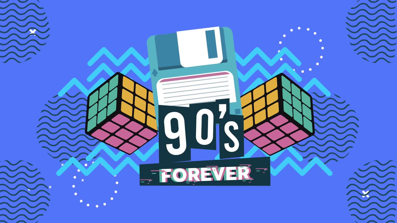 90년대 영원히 플래피와 루비크 큐브로 멘피스 레트로 스타일의 배경으로