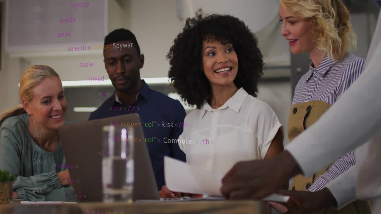 Colleague placing reports, curly hair lead guiding cybersecurity meeting by laptop code and reports