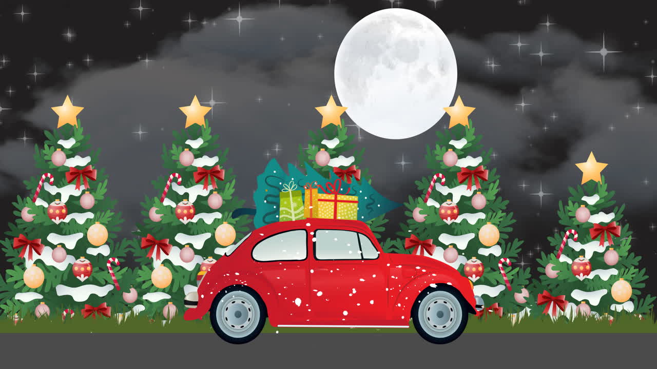 animación de un coche rojo entregando regalos sobre un paisaje navideño