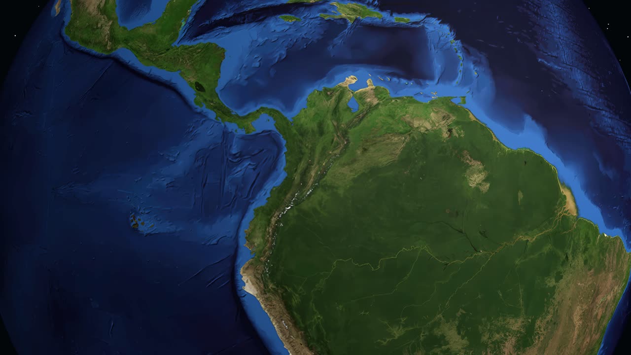 Globo digitale che ruota e zooma dallo spazio profondo verso il Sud America, individuando Cali, Colombia