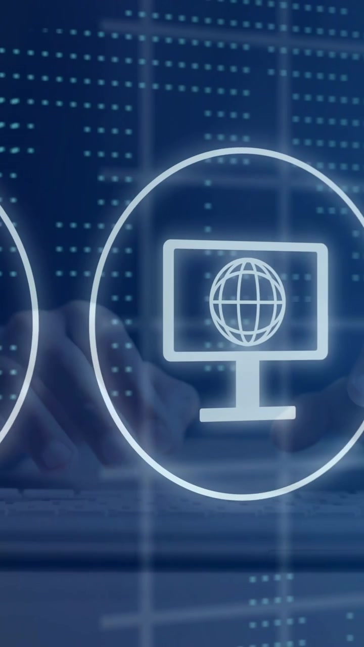 Vertical video: Male hands starting typing at desk, summoning HUD icons over grid sorting mail