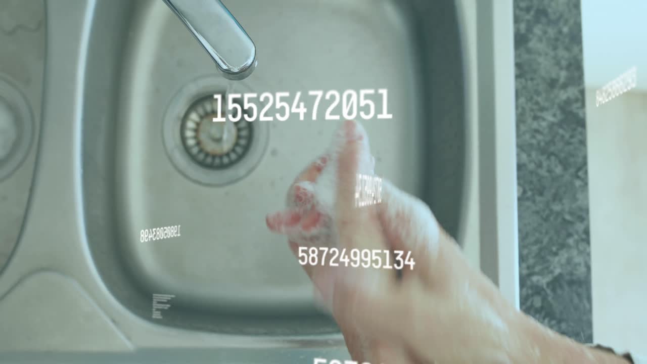 Digital composition of multiple changing numbers floating against person washing hands in the sink