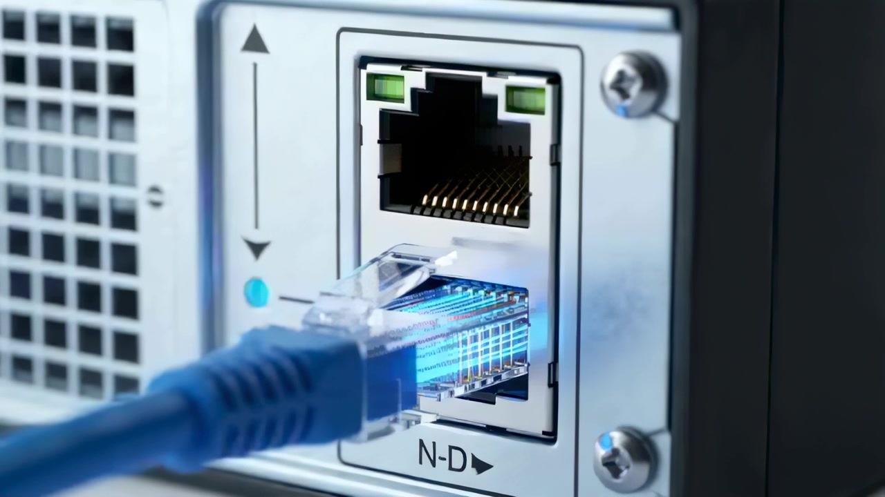 Starting connection, blue Ethernet plug sliding into RJ45 on device rear panel, LEDs brightening