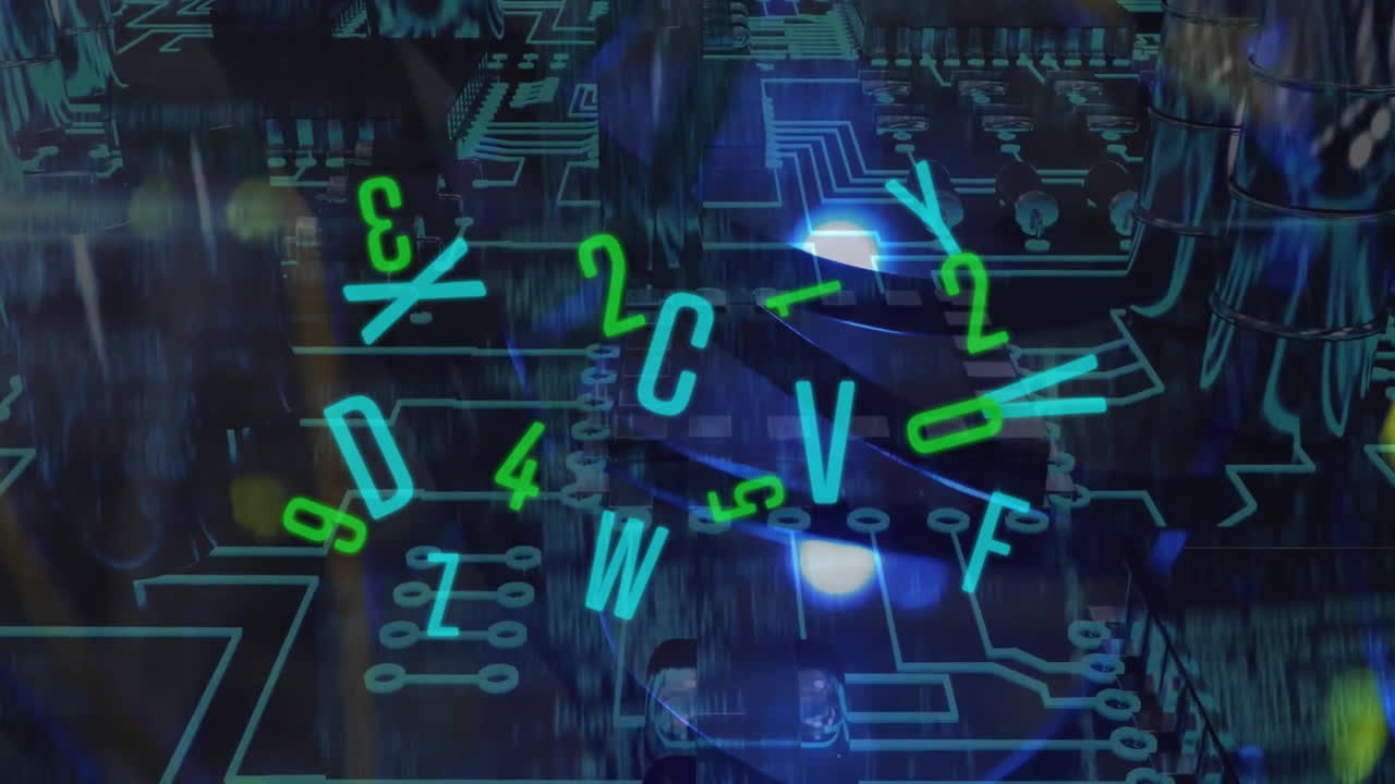 Animation of changing numbers and letters with circuit board pattern over black background
