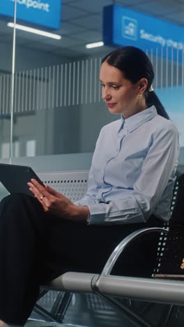 woman using tablet at airport
