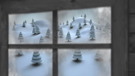 wooden window frame against multiple trees on winter landscape