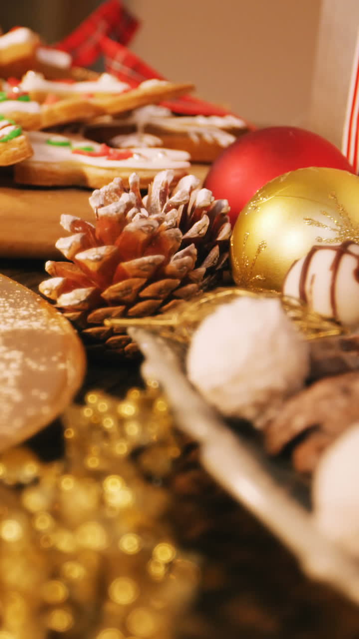 primer plano de varios postres y regalos de navidad