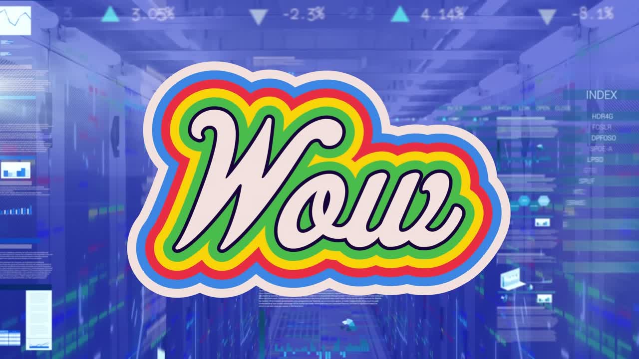 Animation of data processing and wow text over server room