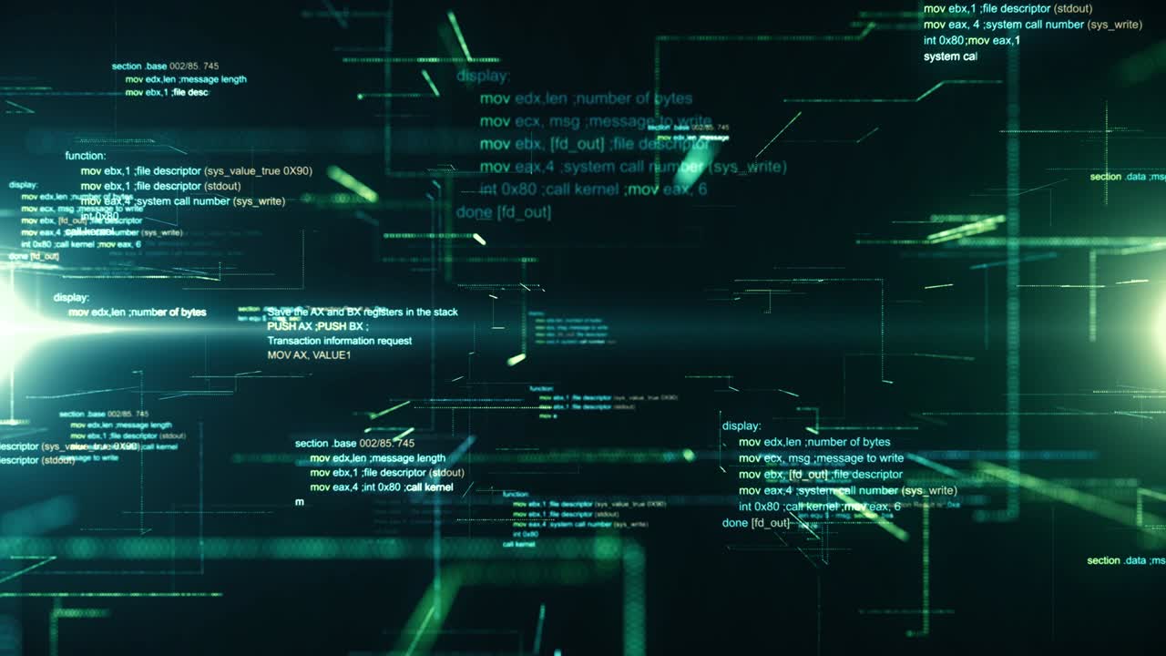 Abstract cyber space background with program code modules motion. Seamless loop.